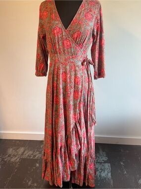 Wrap Maxi Dress in Rose Print Coral Pink